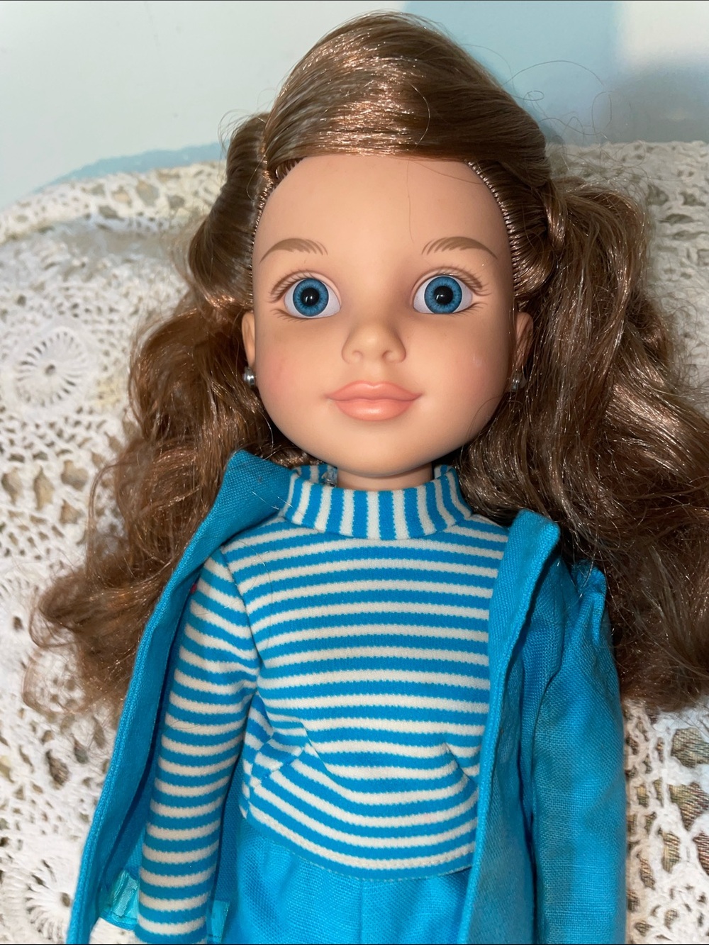 Trending 18” Vinyl Doll in Blue Suit Long Strawberry Blonde Hair MGA